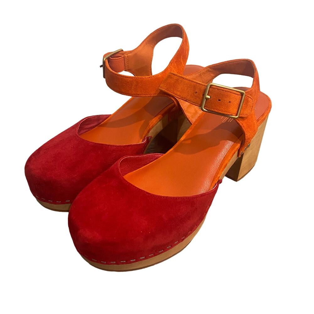 Charlotte Stone Red and Orange Suede Block Heel Clogs